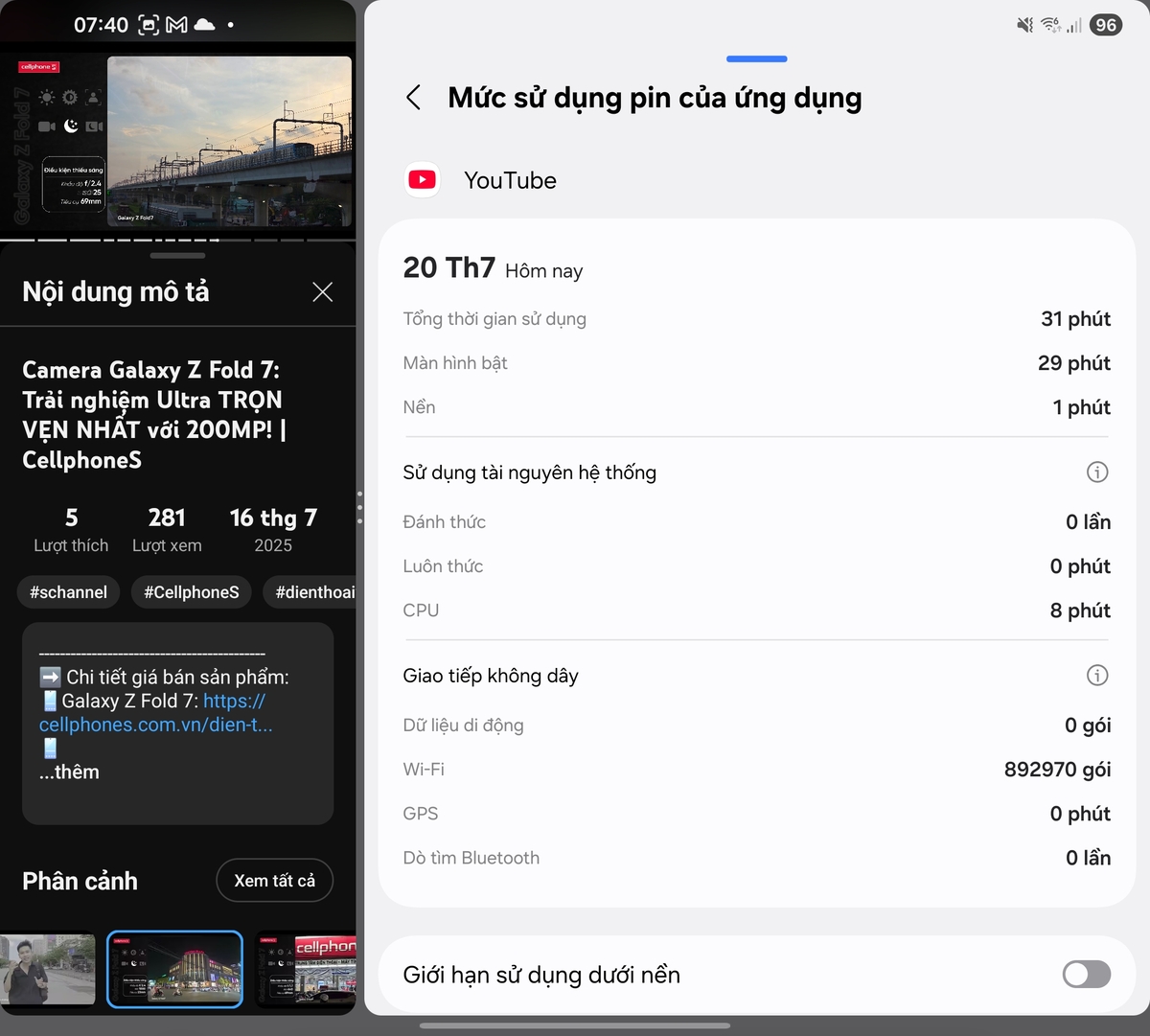 YouTube tiêu thụ 5.1% pin trong 36 phút xem video