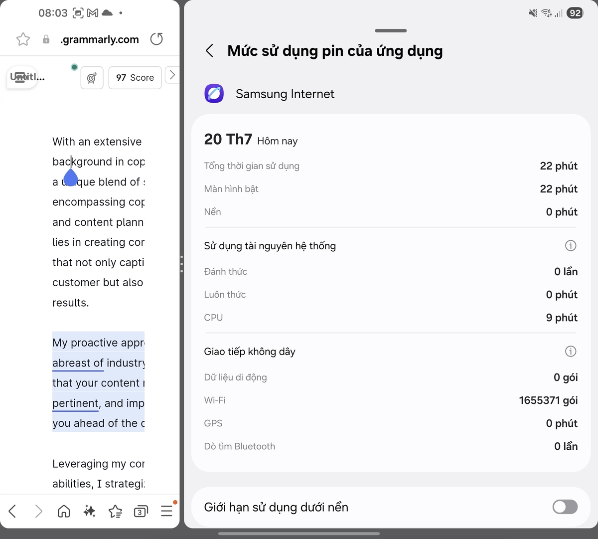 Samsung Internet và Liên Quân Mobile cùng tiêu thụ 5.3% pin nhưng với thời gian sử dụng khác nhau