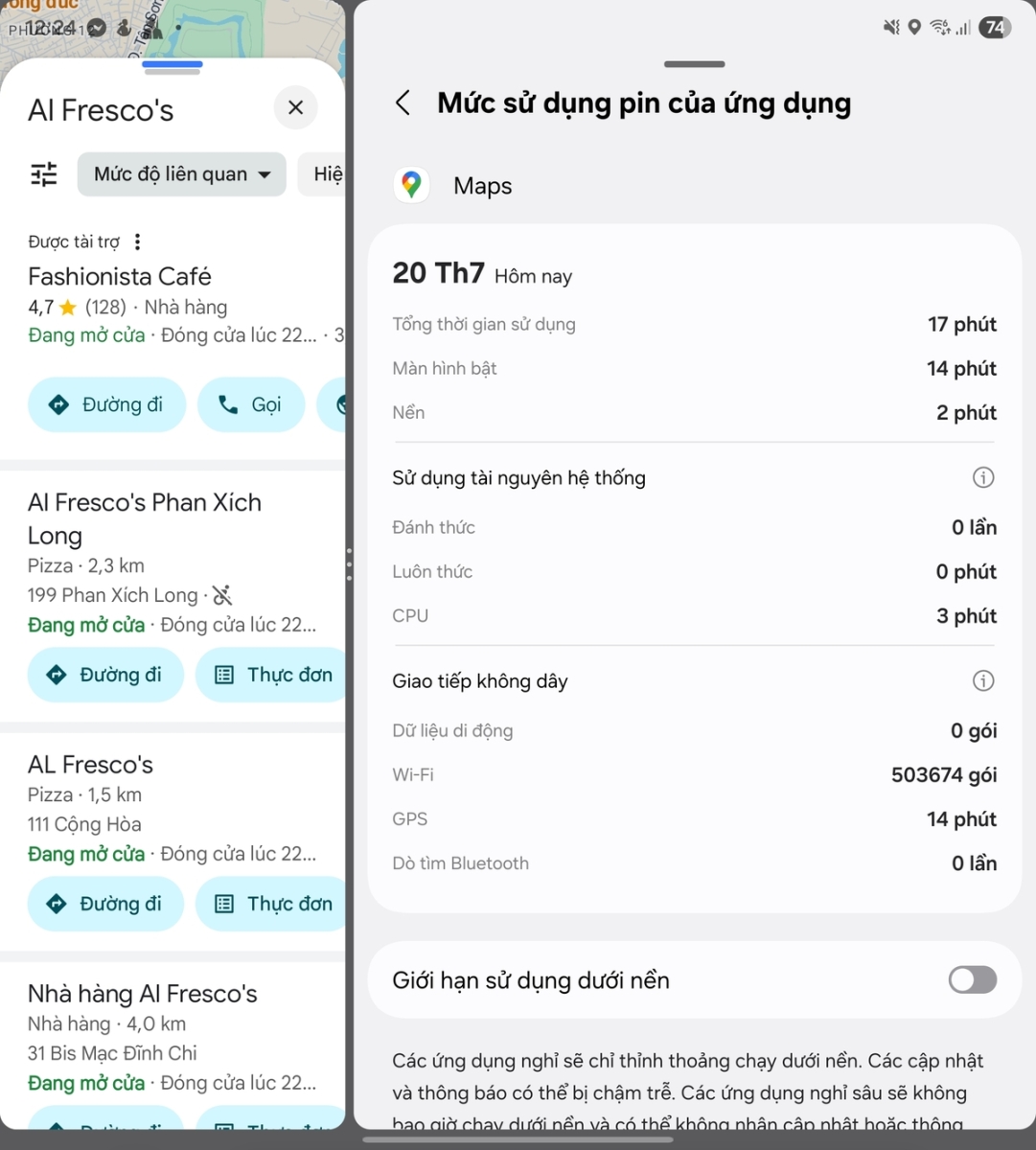 Maps sử dụng 2.2% pin trong 14 phút cho việc tìm kiếm thông tin quán ăn
