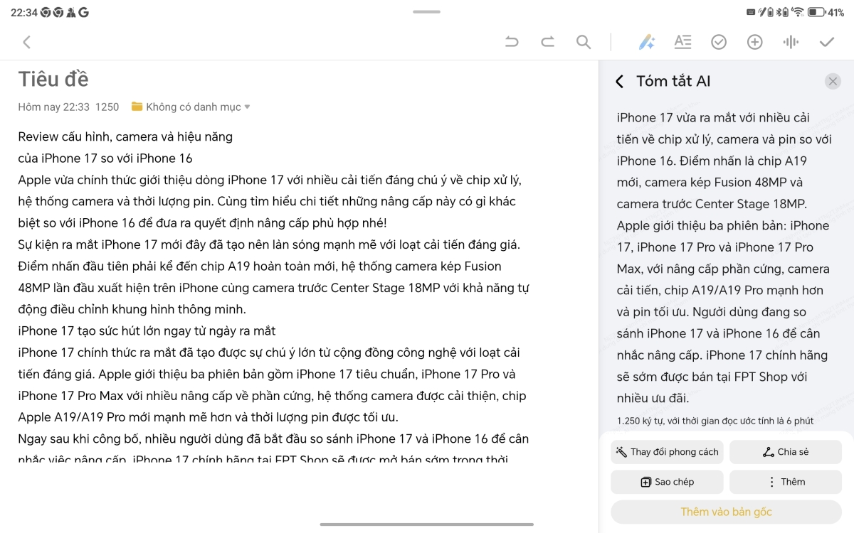 Trong ứng dụng ghi chú, máy có tính năng AI Ghi chú với nhiều công cụ thông minh