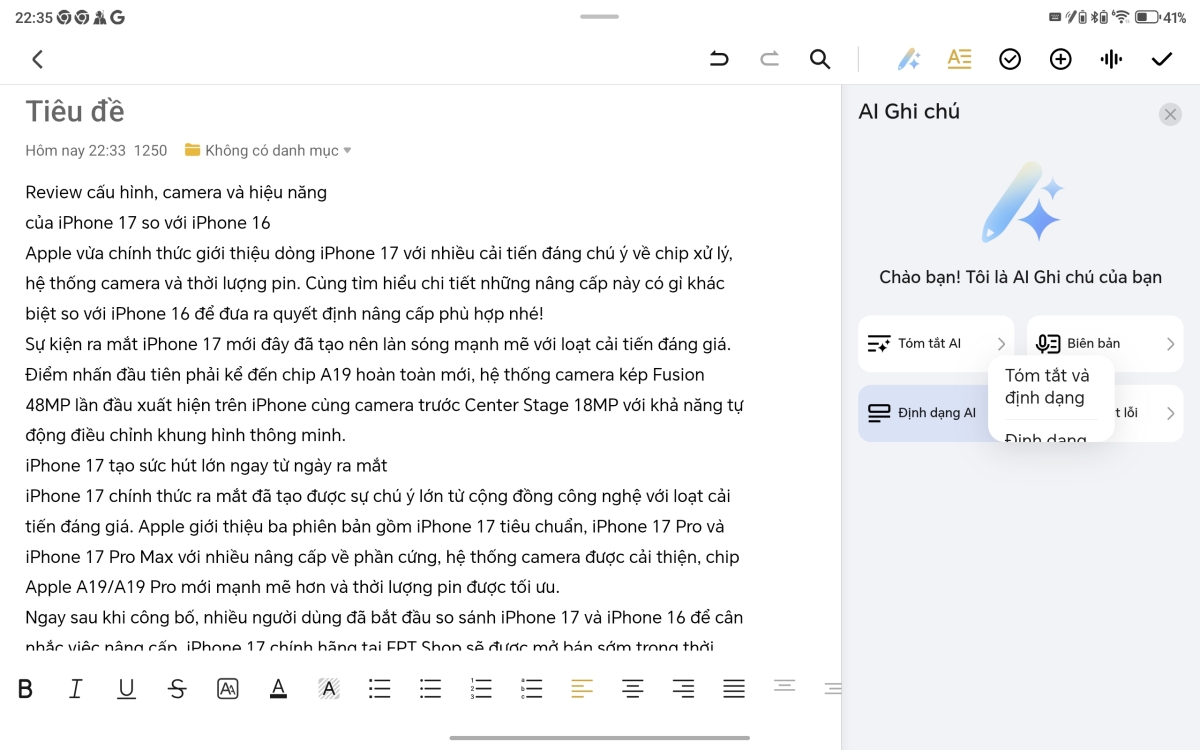 Trong ứng dụng ghi chú, máy có tính năng AI Ghi chú với nhiều công cụ thông minh