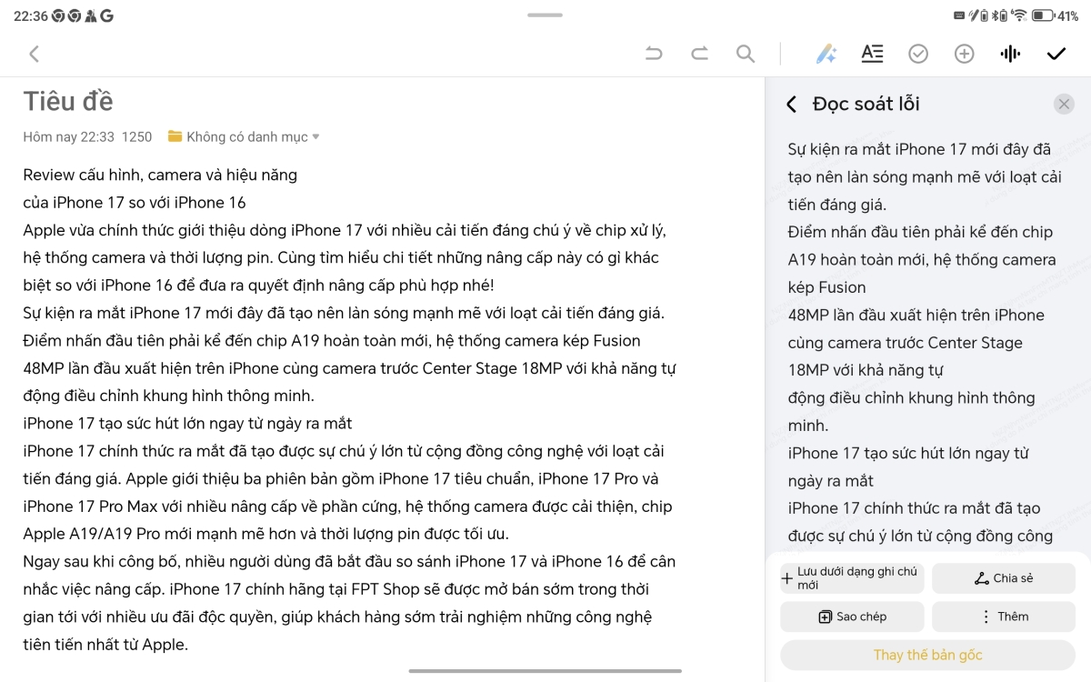 Trong ứng dụng ghi chú, máy có tính năng AI Ghi chú với nhiều công cụ thông minh