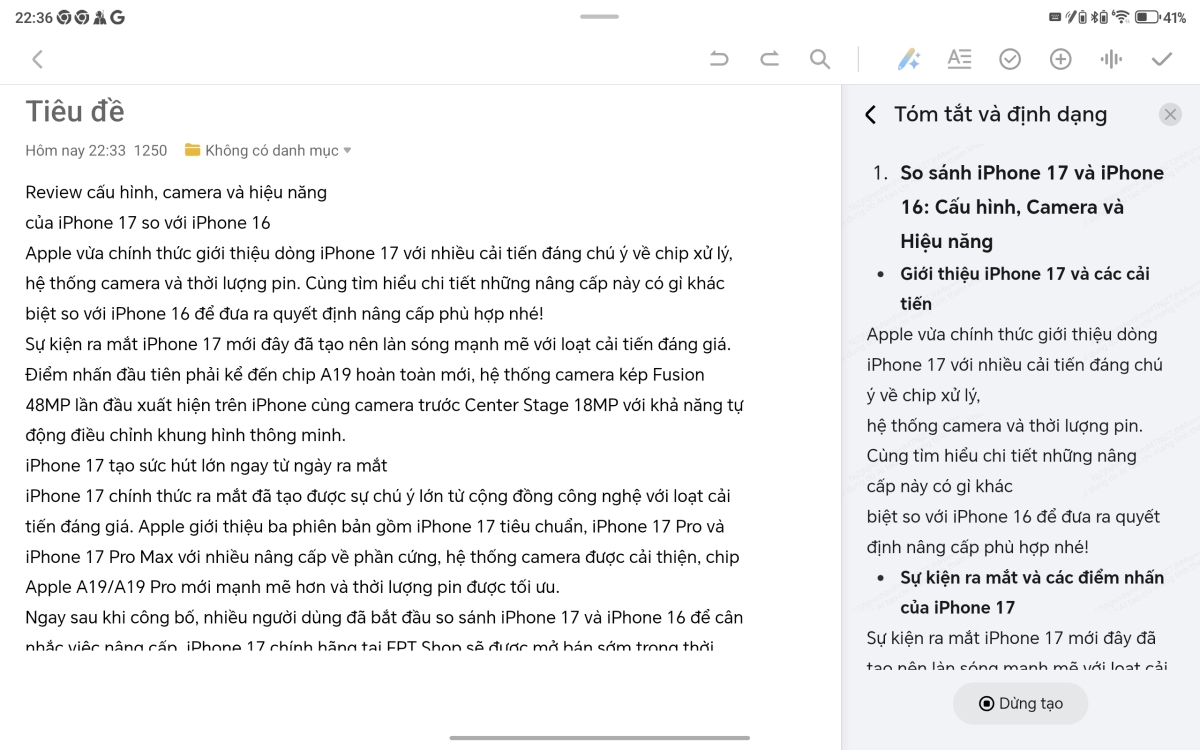 Trong ứng dụng ghi chú, máy có tính năng AI Ghi chú với nhiều công cụ thông minh