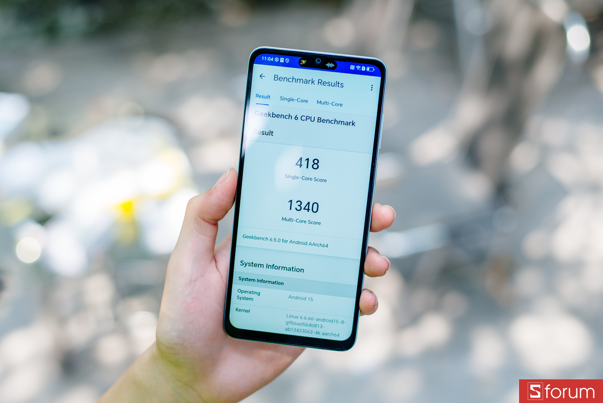 Geekbench 6 cho điểm single-core là 418 và multi-core là 1,340