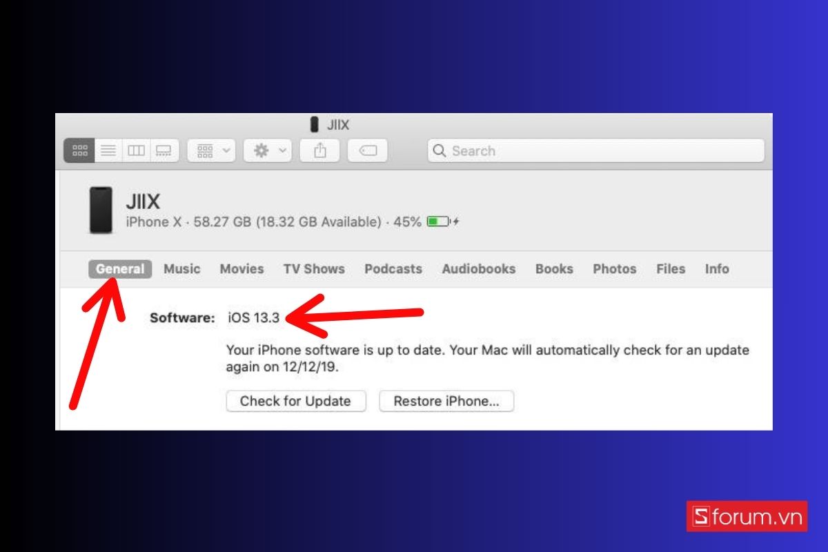 Mở thiết bị trong iTunes hoặc Finder