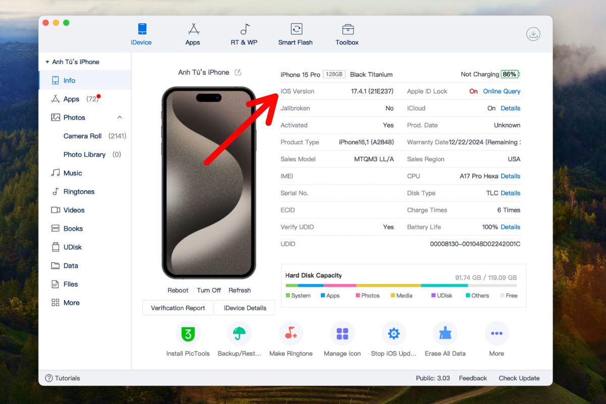 3uTools trả về các thông tin quan trọng hiện tại của iPhone