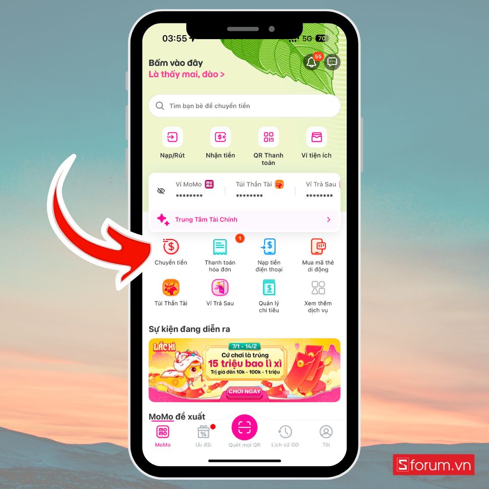 Bước 2: Chọn mục "Chuyển tiền".