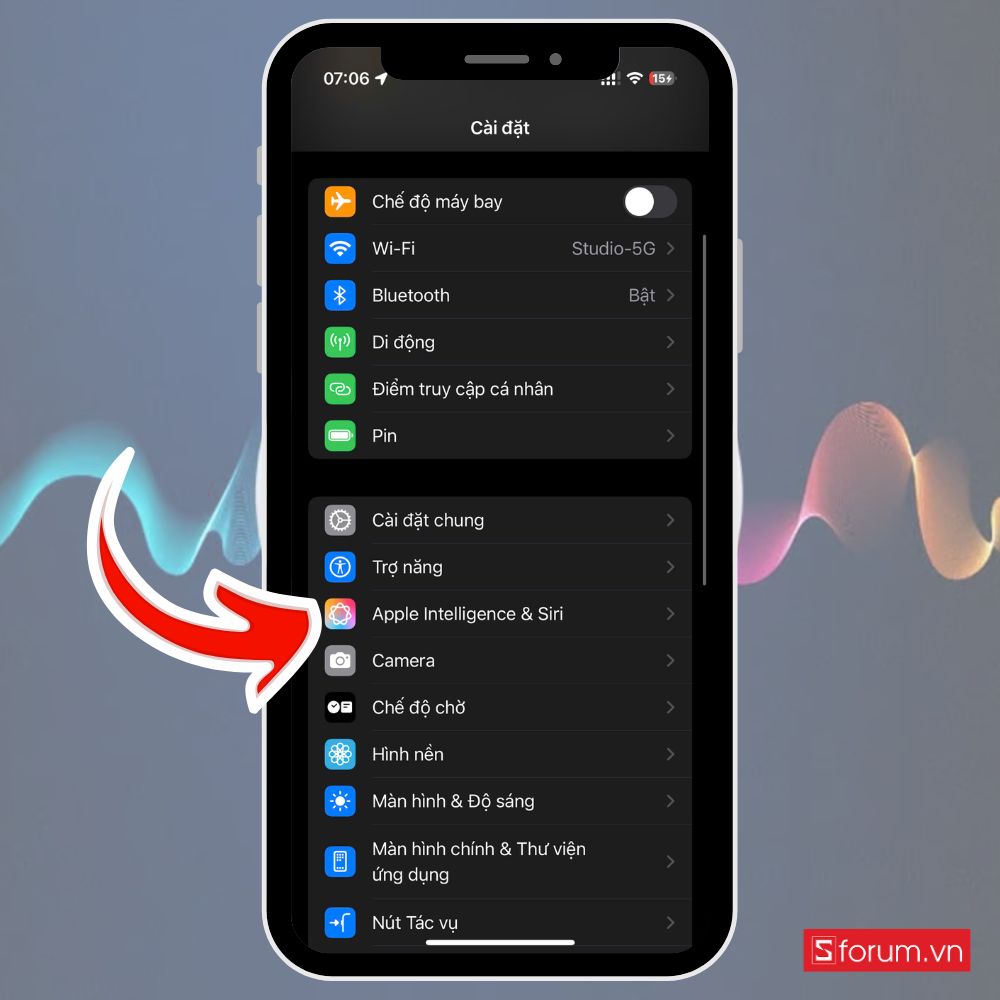 Chọn mục Siri & Tìm kiếm hoặc Apple Intelligence và Siri (tùy phiên bản hệ điều hành).