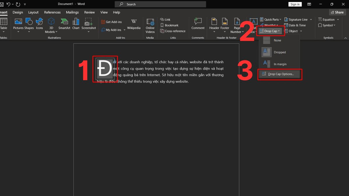 Chỉnh Font chữ cho Drop Cap bước 1