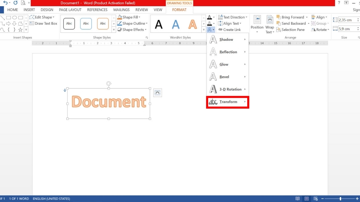 Chọn Text Effects, rồi chọn Transform để tạo chữ cong hình mái vòm