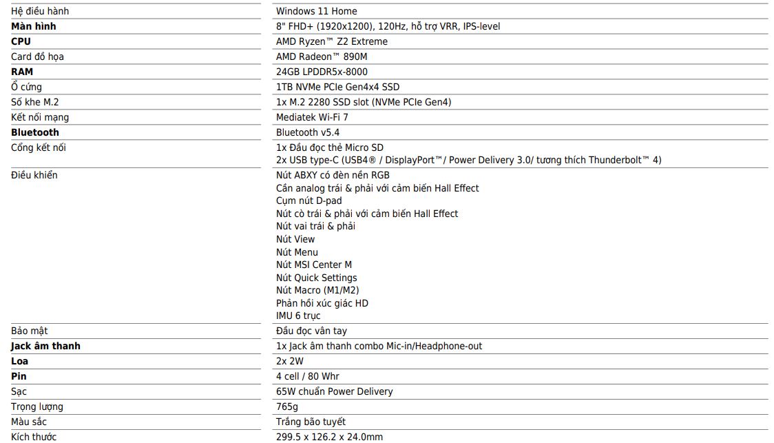Cấu hình của MSI Claw A8