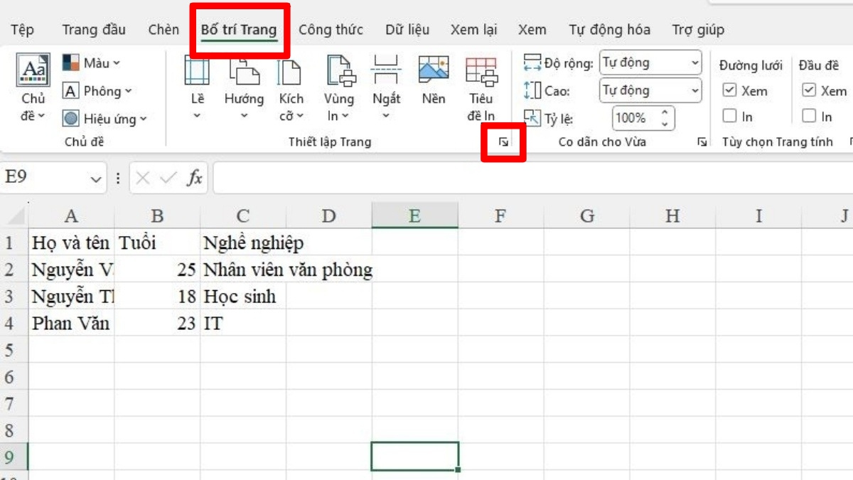 đánh số trang trong excel - bước 1