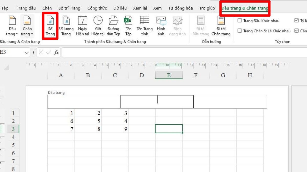 Đánh số trang trong Excel bằng chế độ xem Page Layout - bước 3