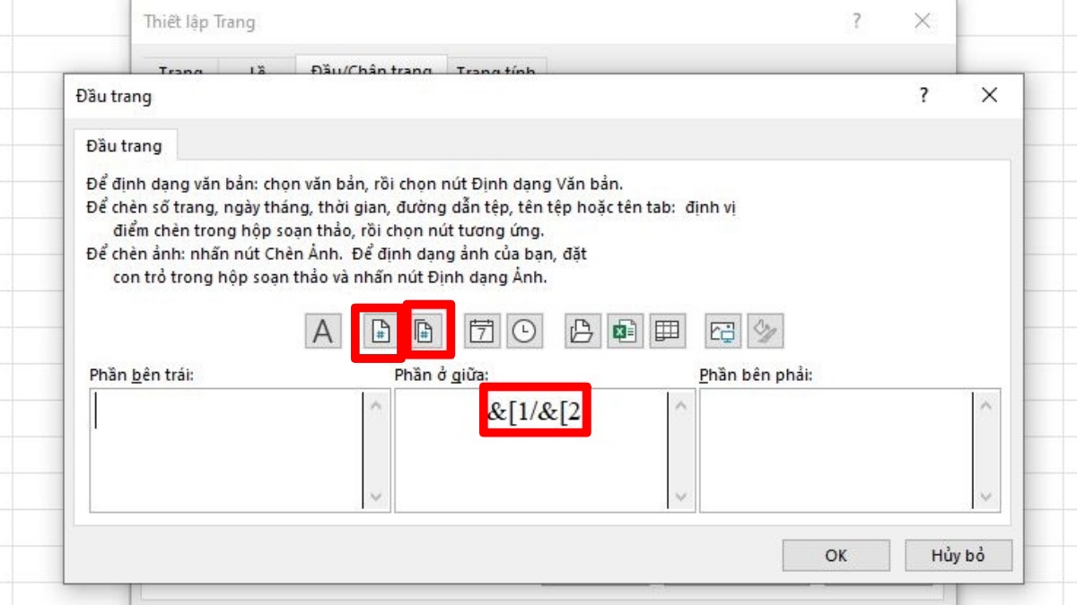 Cách đánh số trang 1/2 trong Excel - bước 3