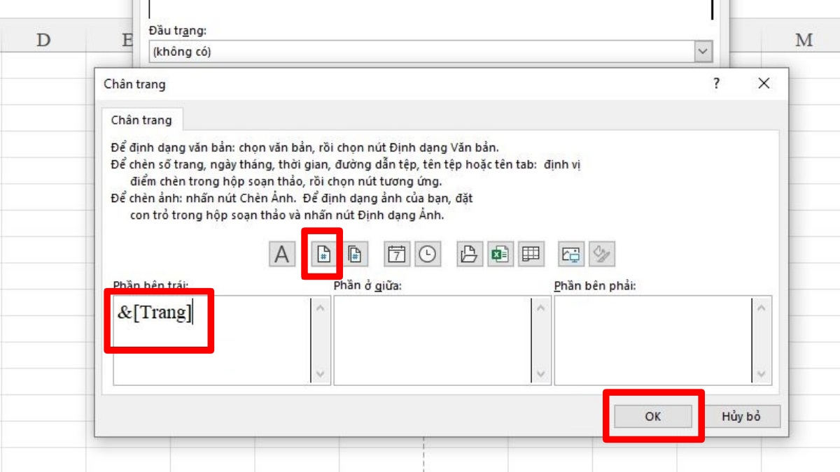 đánh số trang trong excel - bước 3