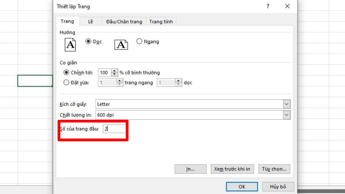 Đánh số trang trong Excel theo ý muốn - bước 2