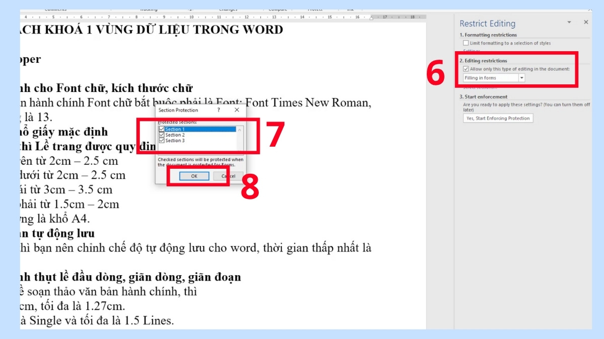 Cách bật bảo vệ một vùng dữ liệu Word bất kỳ bước 2 tiếp theo