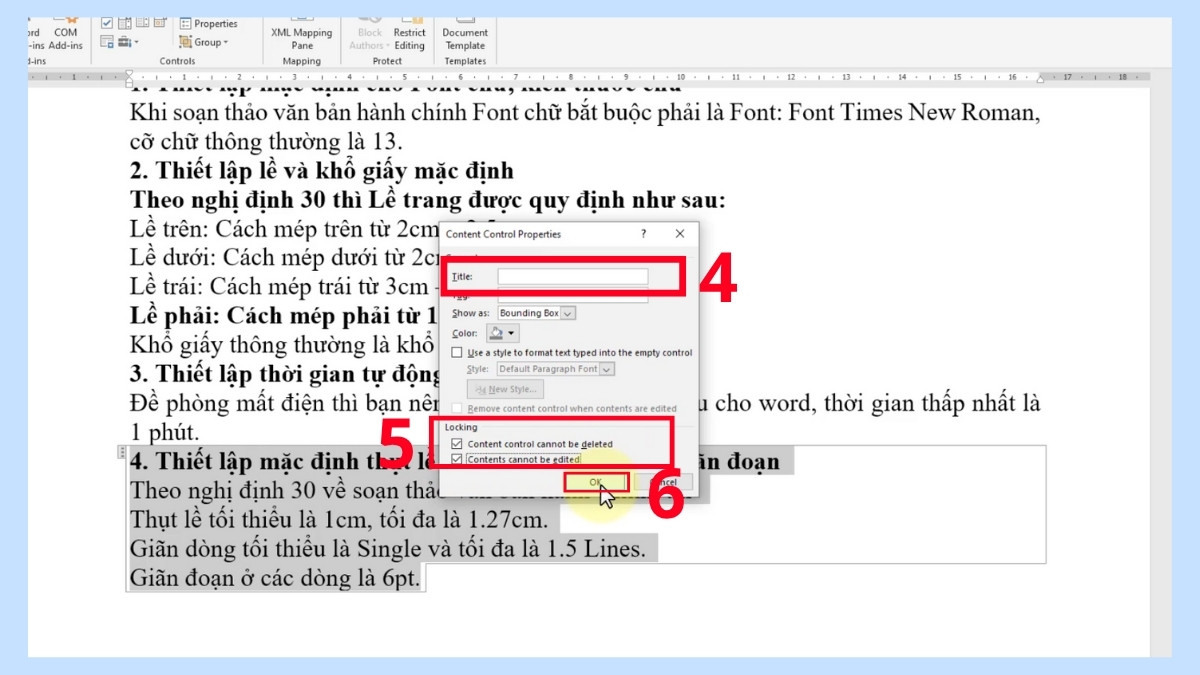 Khóa 1 phần, vùng nhỏ dữ liệu Word bước 2