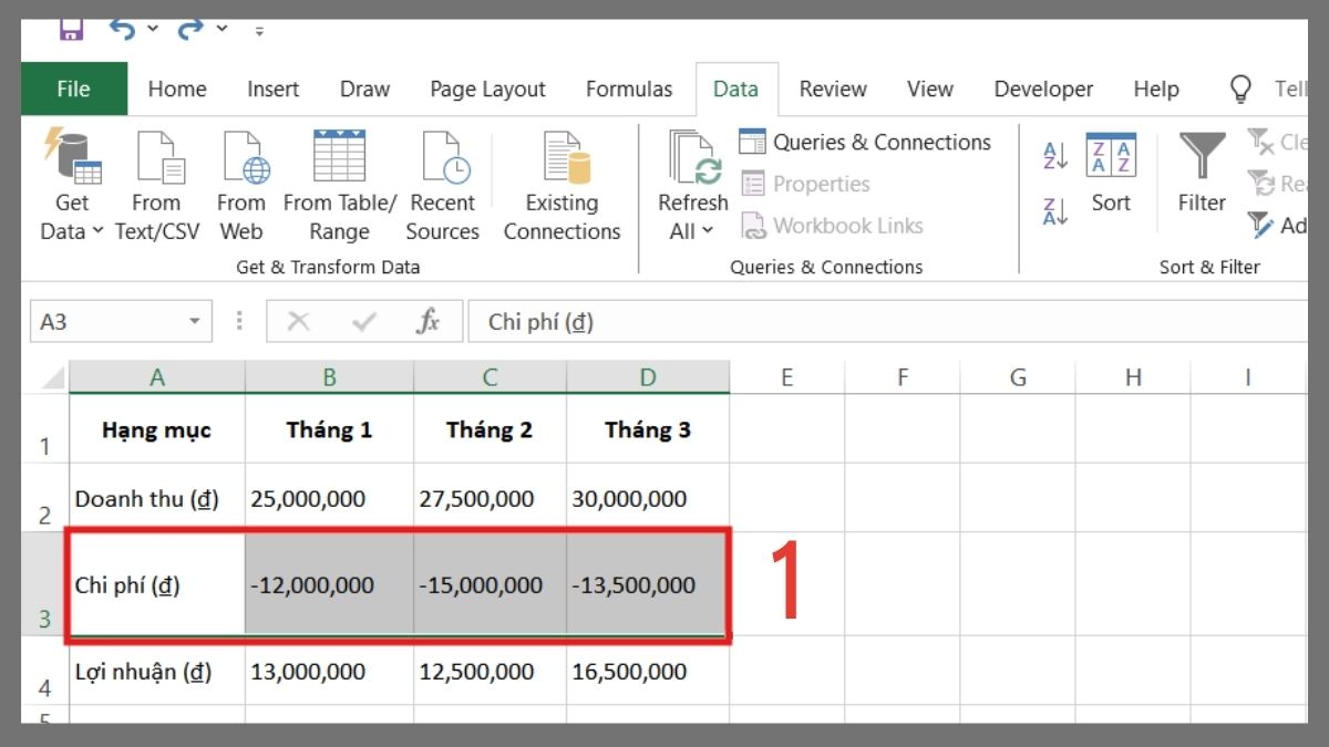 cách định dạng số âm trong Excel bằng cách đóng ngoặc đơn số âm bước 1