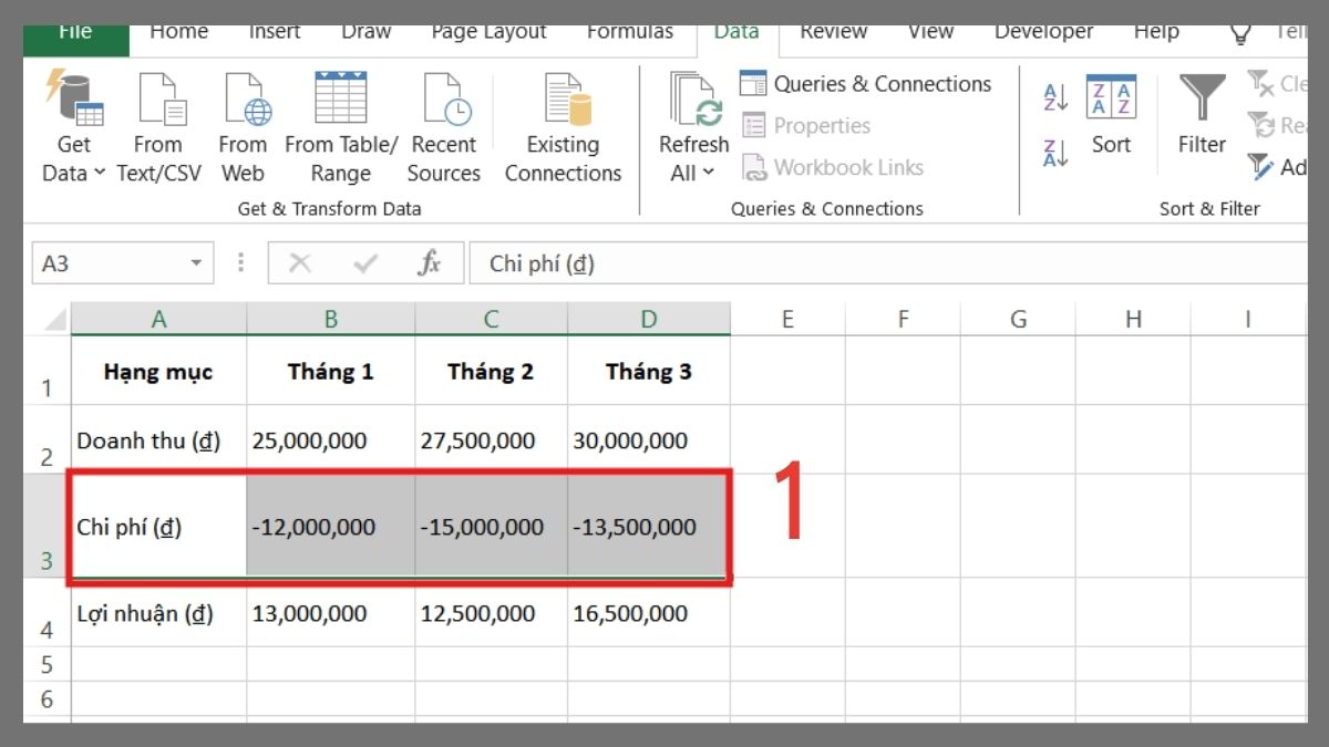 Đóng ngoặc và tô đỏ số (tiền) âm bước 1