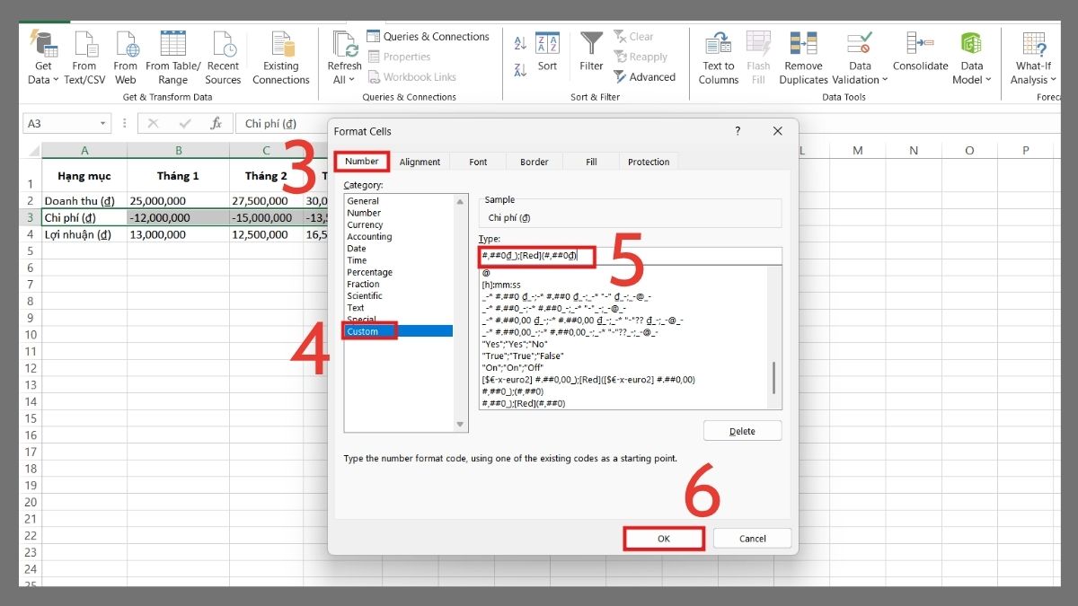 Đóng ngoặc và tô đỏ số (tiền) âm bước 3
