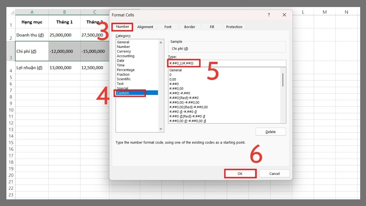 cách định dạng số âm trong Excel bằng cách đóng ngoặc đơn số âm bước 3