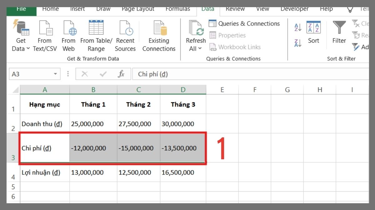 cách định dạng số âm trong Excel bằng cách đóng ngoặc đơn và tô đỏ số âm bước 1