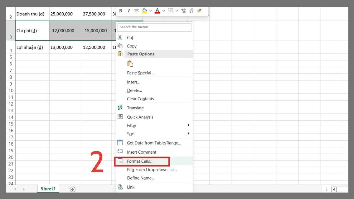 cách định dạng số âm trong Excel bằng cách đóng ngoặc đơn và tô đỏ số âm bước 2