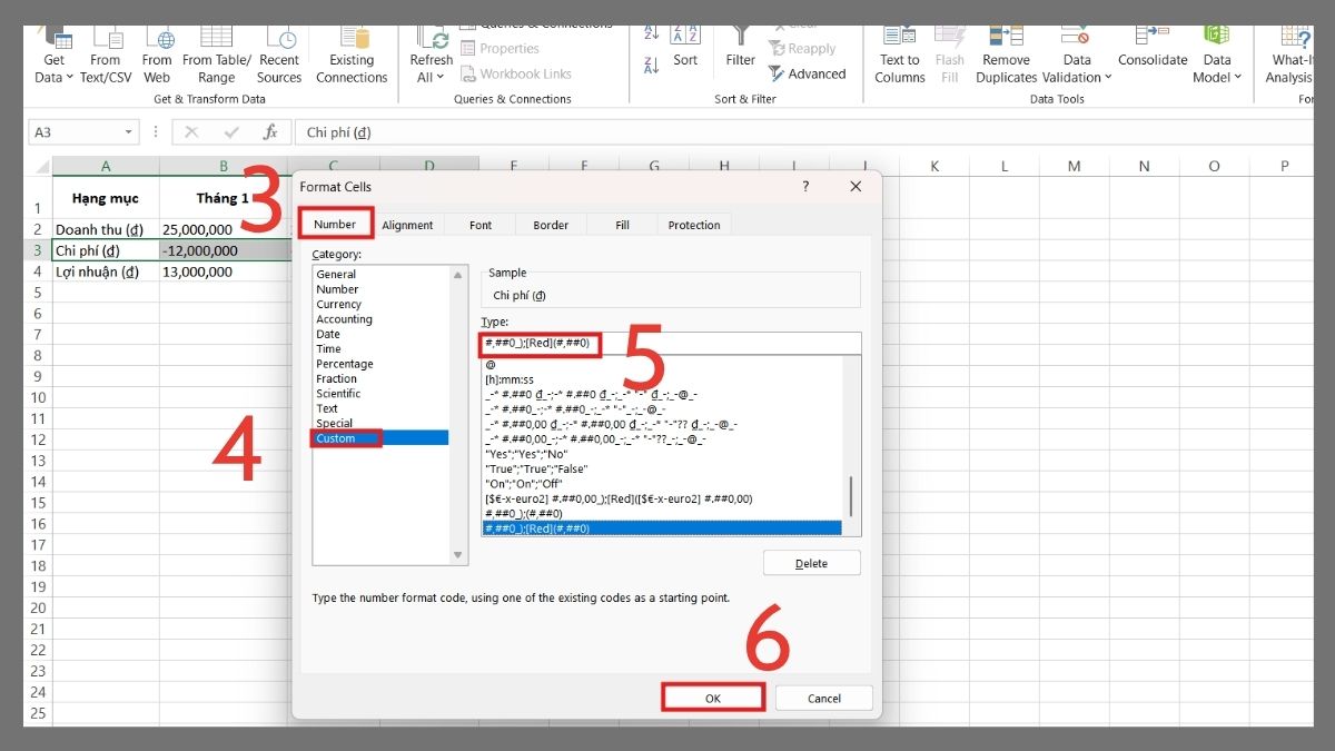 cách định dạng số âm trong Excel bằng cách đóng ngoặc đơn và tô đỏ số âm bước 3