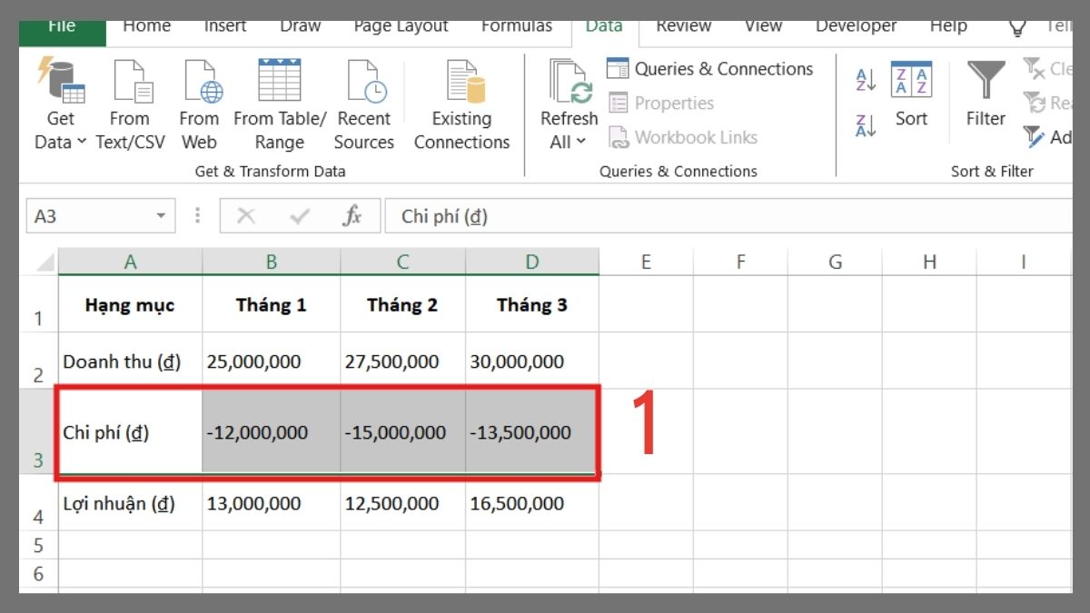 cách định dạng số âm trong Excel bằng cách đóng ngoặc số tiền âm bước 1