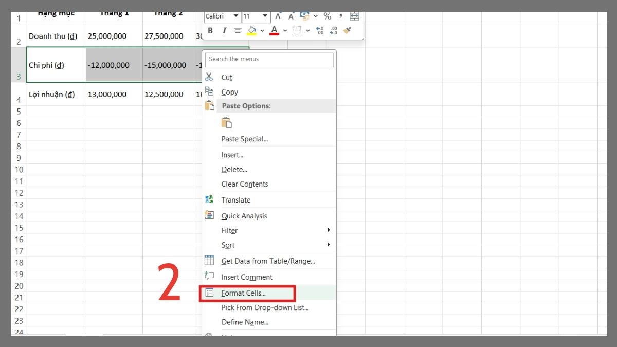 cách định dạng số âm trong Excel bằng cách đóng ngoặc số tiền âm bước 2