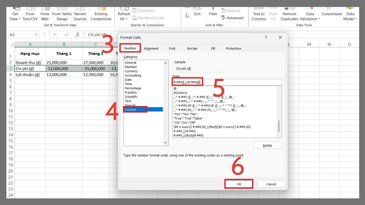 cách định dạng số âm trong Excel bằng cách đóng ngoặc số tiền âm bước 3