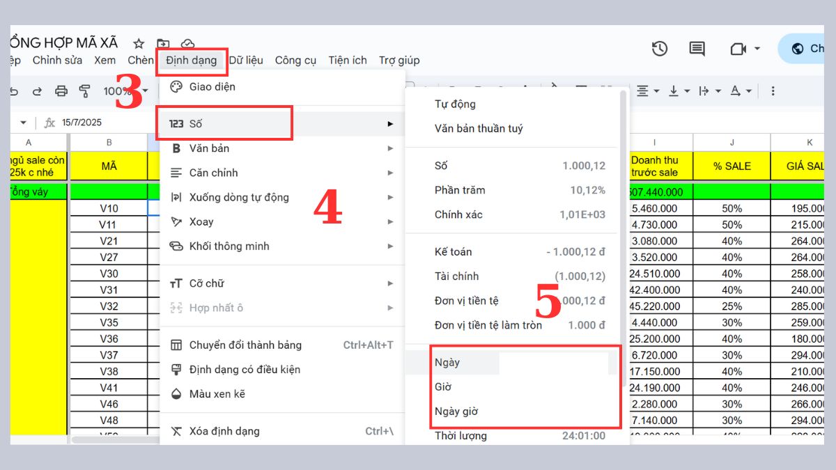 cách định dạng số trong Google Sheet - định dạng ngày bước 3