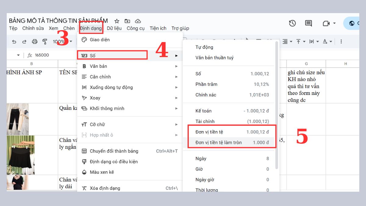 cách định dạng số trong Google Sheet - định dạng tiền tệ bước 3