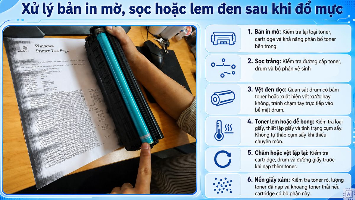 Xử lý bản in mờ, sọc hoặc lem đen sau khi đổ mực