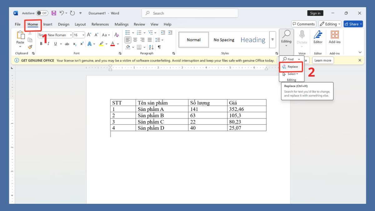 cách đổi dấu phẩy thành dấu chấm trong Word bằng find and replace bước 1