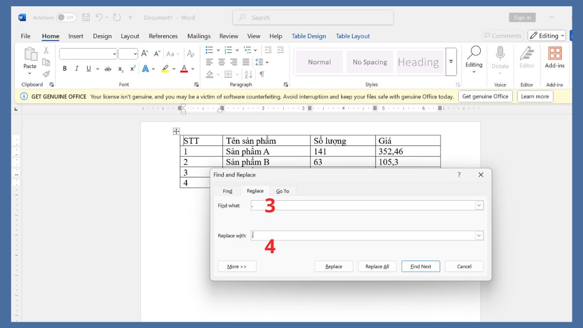 cách đổi dấu phẩy thành dấu chấm trong Word bằng find and replace bước 2