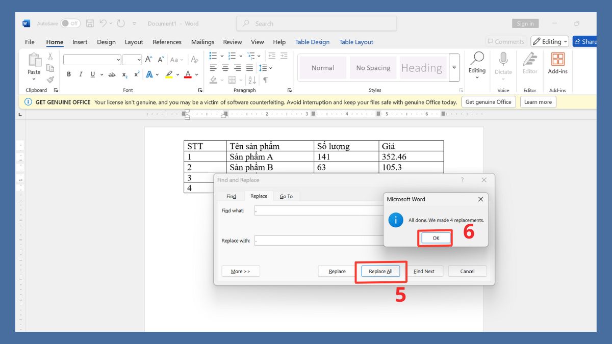 cách đổi dấu phẩy thành dấu chấm trong Word bằng find and replace bước 3
