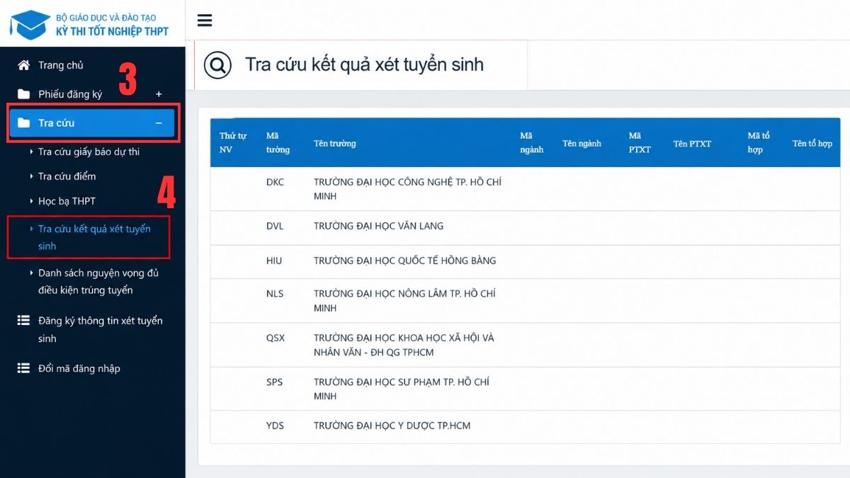 Xem danh sách trúng tuyển trên Hệ thống chung của Bộ GD&ĐT bước 4