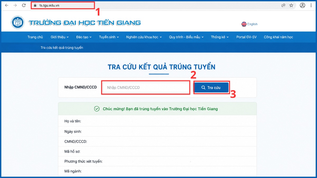 Hướng dẫn tra cứu kết quả trúng tuyển đại học Tiền Giang bằng web trường