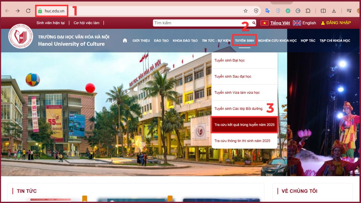 cách tra cứu điểm chuẩn đại học văn hoá 2025 bước 1