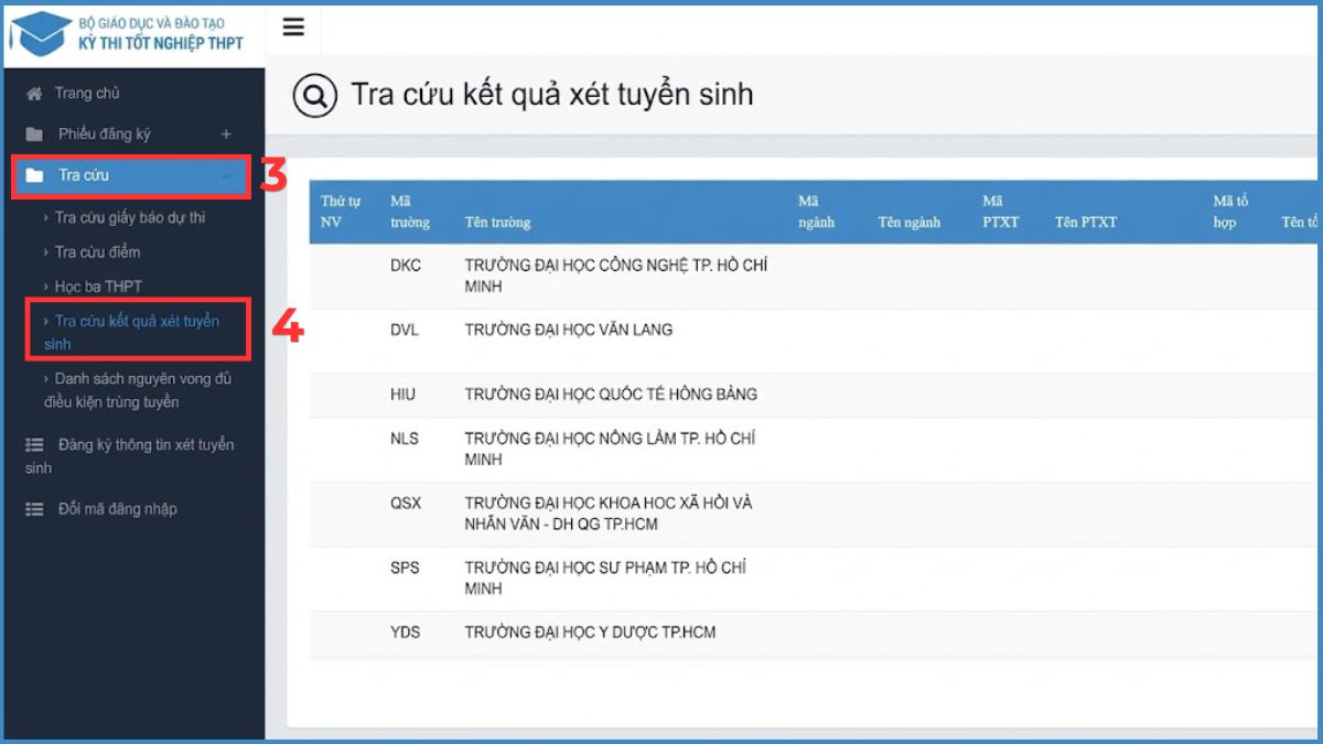 Xem danh sách trúng tuyển trên Hệ thống chung của Bộ GD&ĐT bước 4