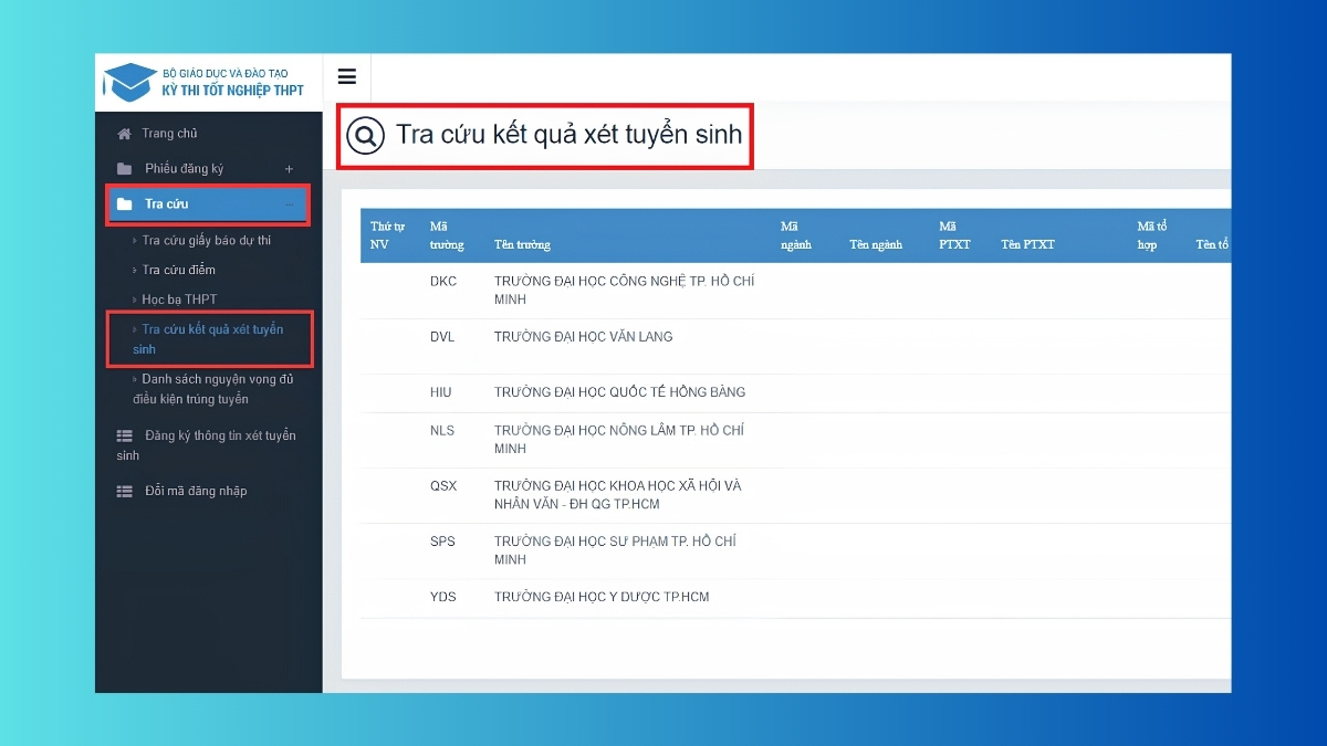 Xem danh sách trúng tuyển trên Hệ thống chung của Bộ GD&ĐT bước 3