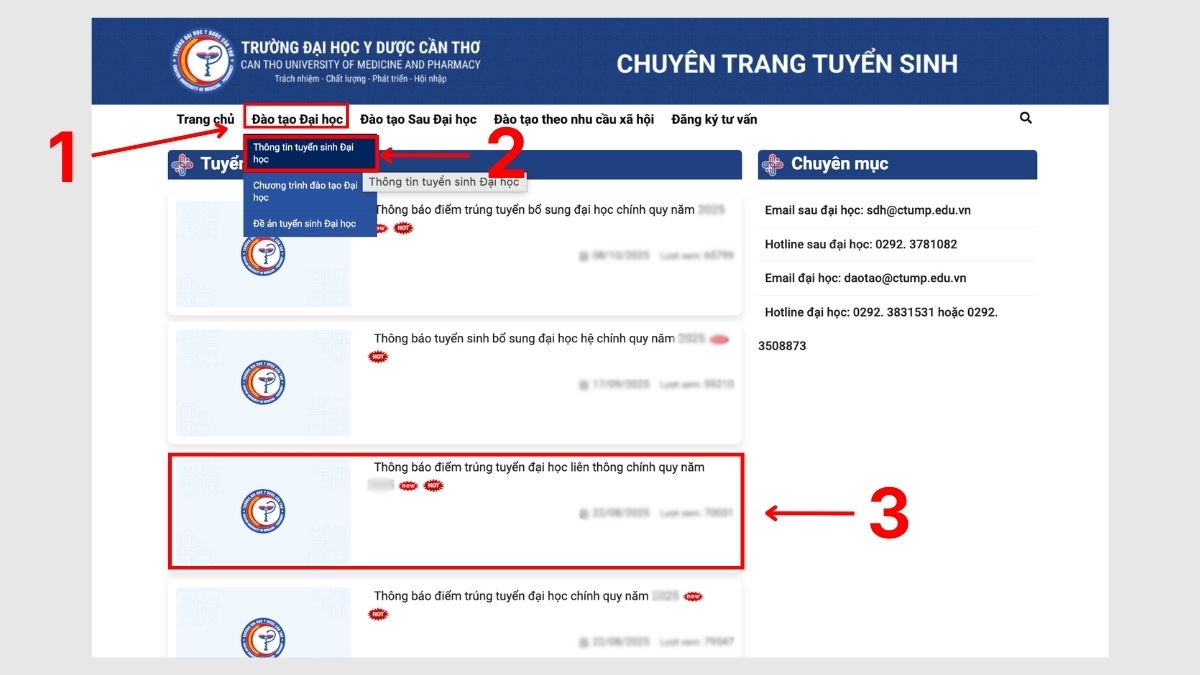 Hướng dẫn tra cứu kết quả điểm chuẩn đại học Y Dược Cần Thơ bước 1