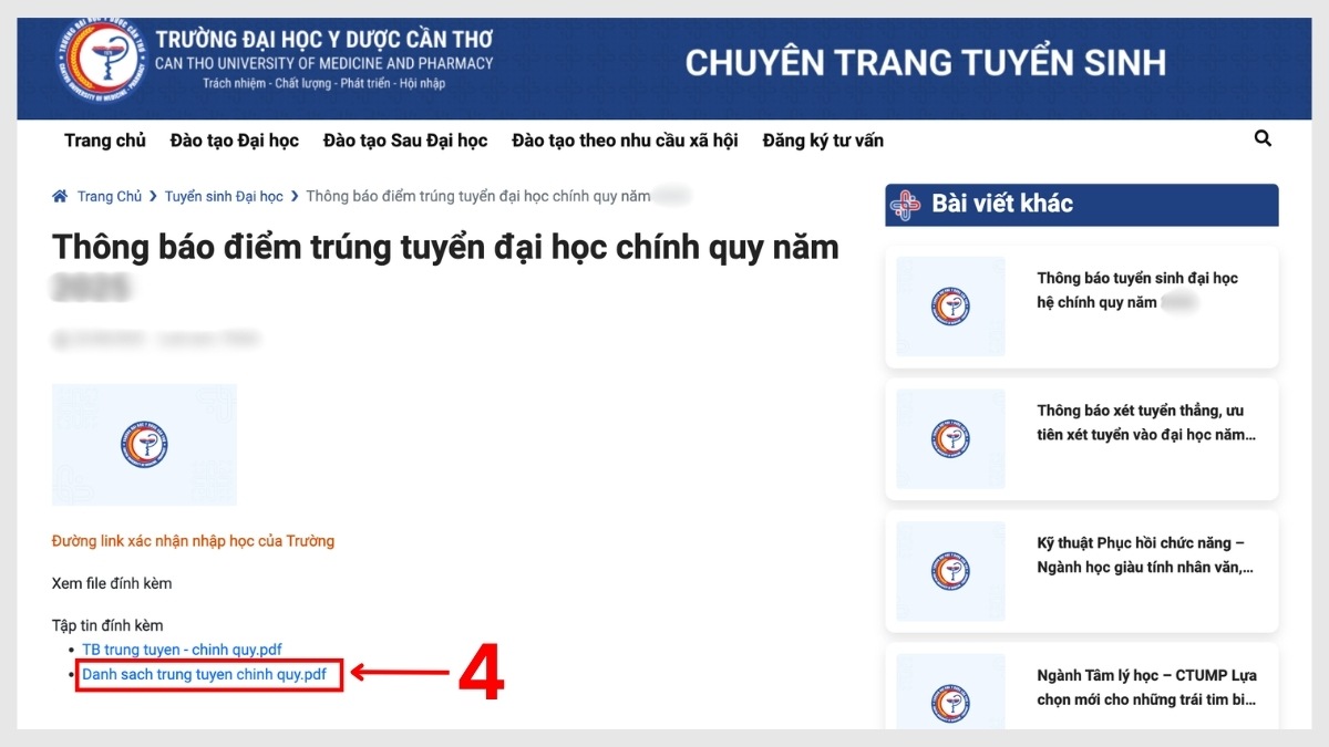 Hướng dẫn tra cứu kết quả điểm chuẩn đại học Y Dược Cần Thơ bước 3
