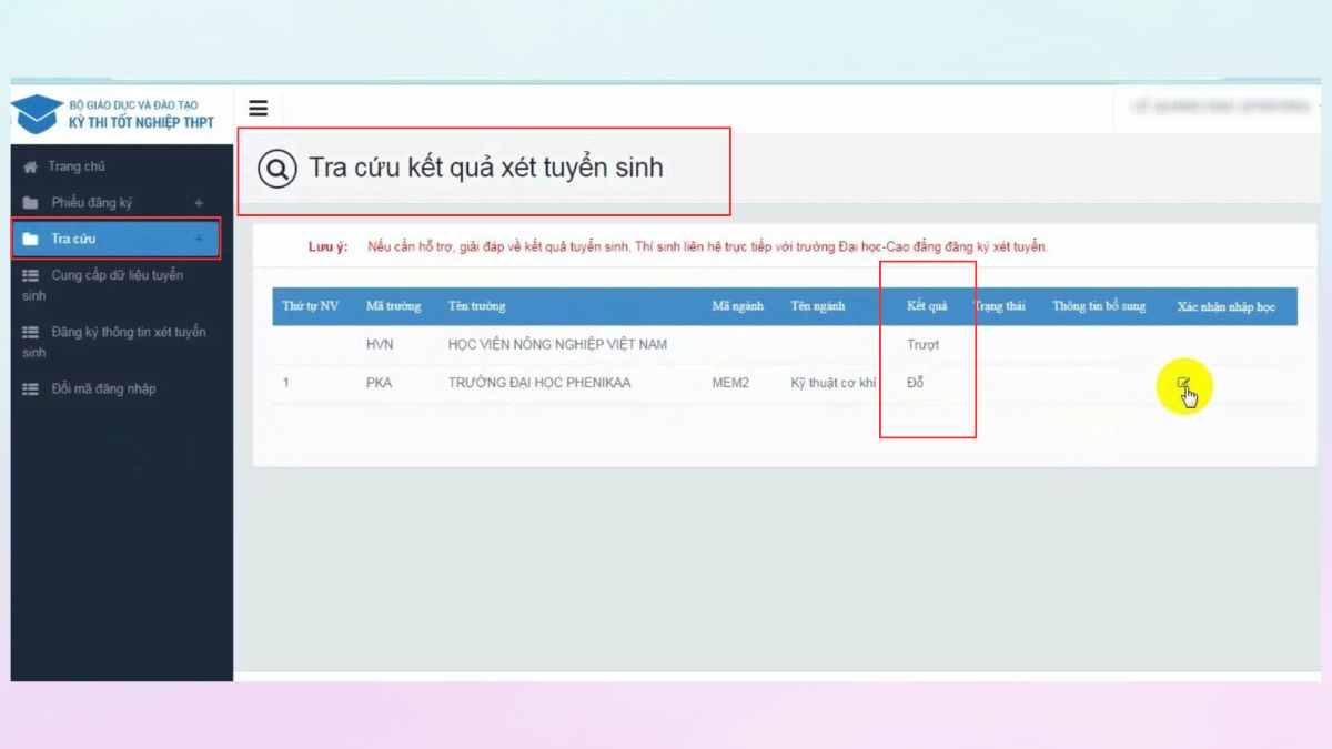 Xem danh sách trúng tuyển trên Hệ thống chung của Bộ GD&ĐT bước 2