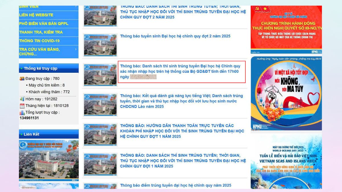 Hướng dẫn tra cứu kết quả trúng tuyển Đại học Y Dược Hải Phòng bước 3