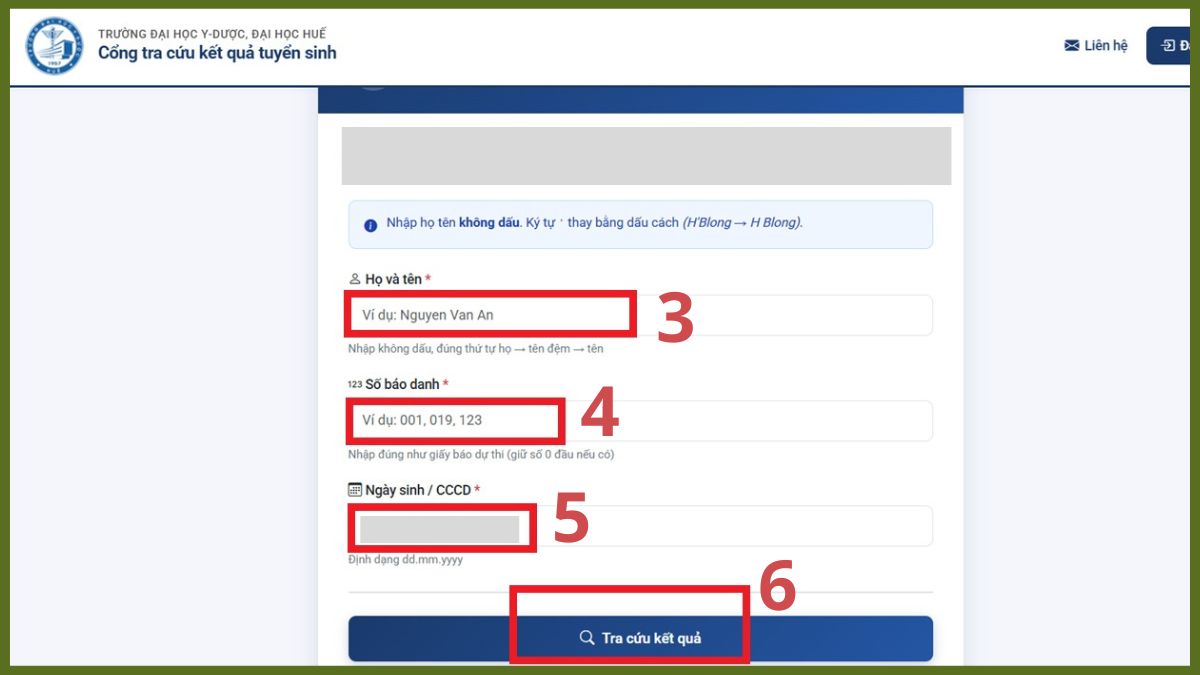 Cách tra cứu kết quả trúng tuyển trường Đại học Y - Dược, Đại học Huế trên web trường bước 3