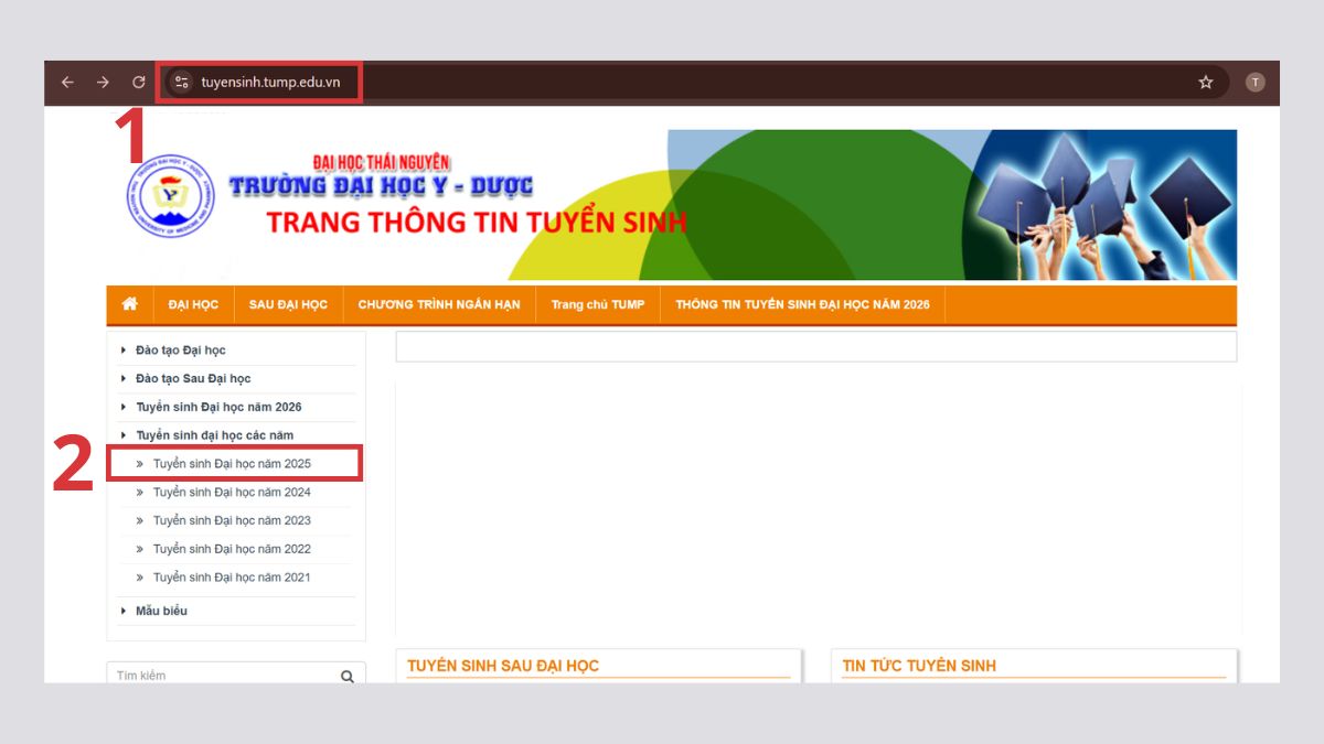 Cách tra cứu kết quả trúng tuyển trường Đại học Y - Dược, Đại học Thái Nguyên bằng web trường bước 1