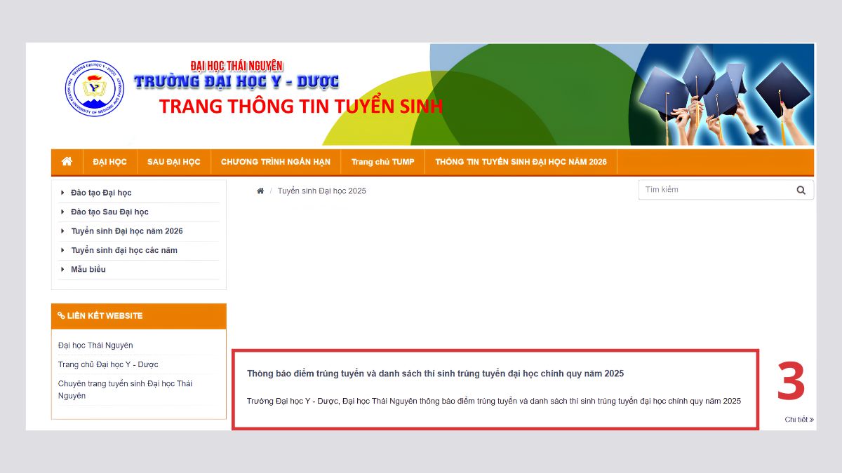 Cách tra cứu kết quả trúng tuyển trường Đại học Y - Dược, Đại học Thái Nguyên bằng web trường bước 3